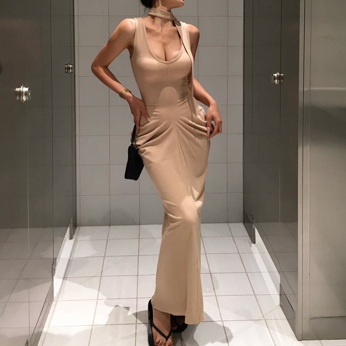 歐美風豐胯收腰修身連身長裙